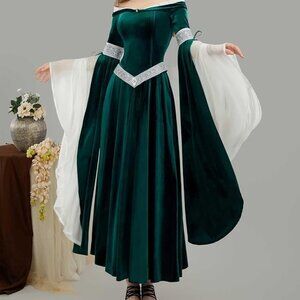 Peacock Green Medieval Elf Dress with Chiffon Sleeves and Belt